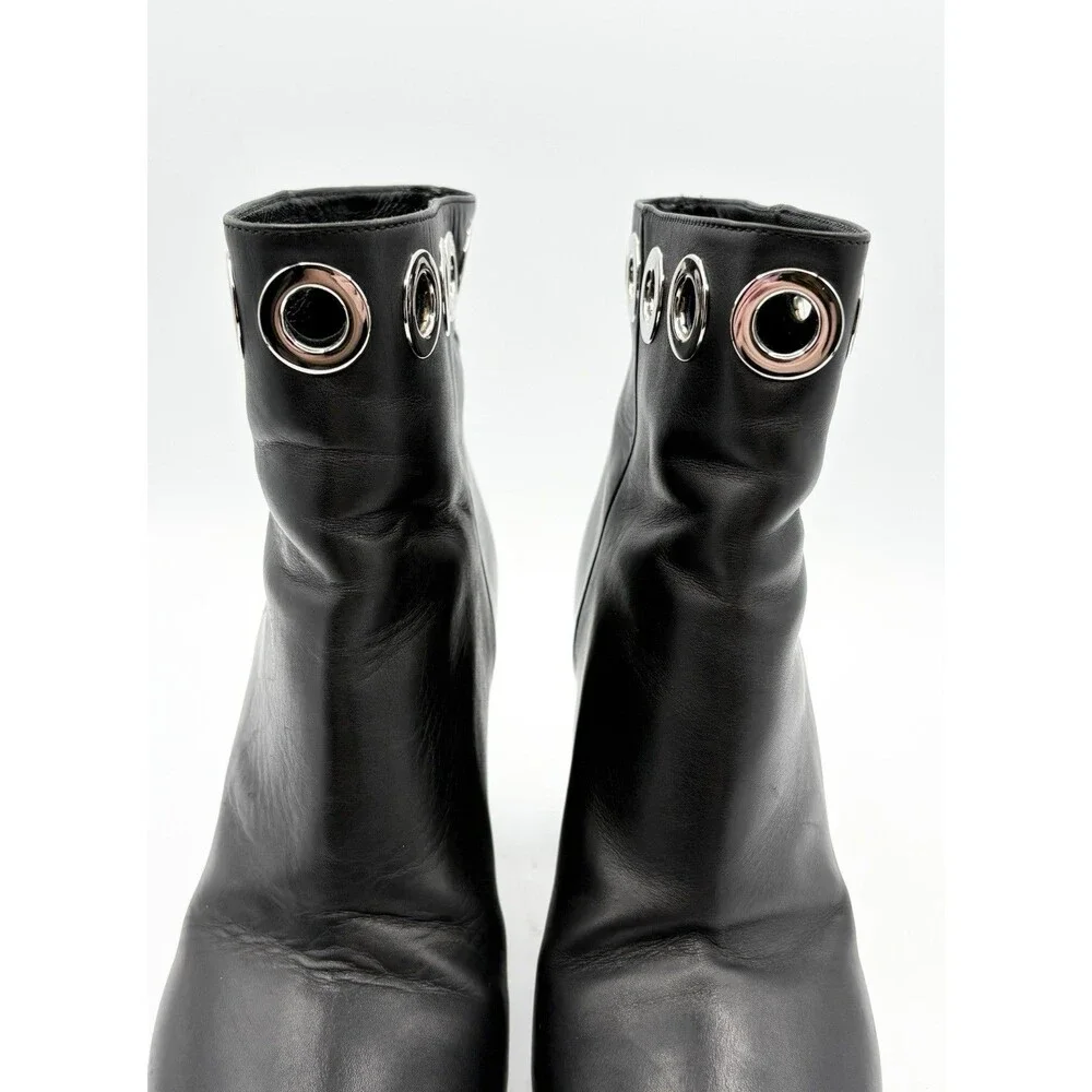 Prada Black Leather Block Heel Ankle Boots Silver Grommet Accent Sz EU 36